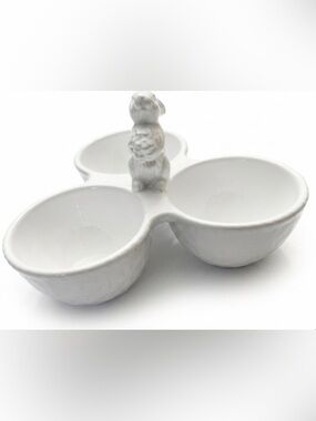 Easter Collection White Ceramic 3-Section Snack Server Bunny Handle